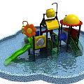 Water Playground Equipment With Red Yellow Green Slides And Flower Decorations For Kids