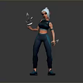 Female Sporty Character In Blue Outfit With Short Hair Holding Daggers