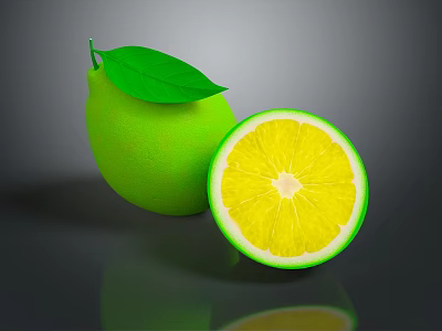 Vibrant Green Lemons Featuring Whole With Leaf And Sliced Showing Fresh Interior 3d model