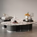 Modern Irregular Shape Coffee Table With Marble Top Black Base And Decorative Starfish Flowers Tray