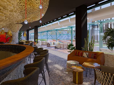 Stylish Restaurant Interior With Bar Counter Chairs Sofa And Green Plants 3d model