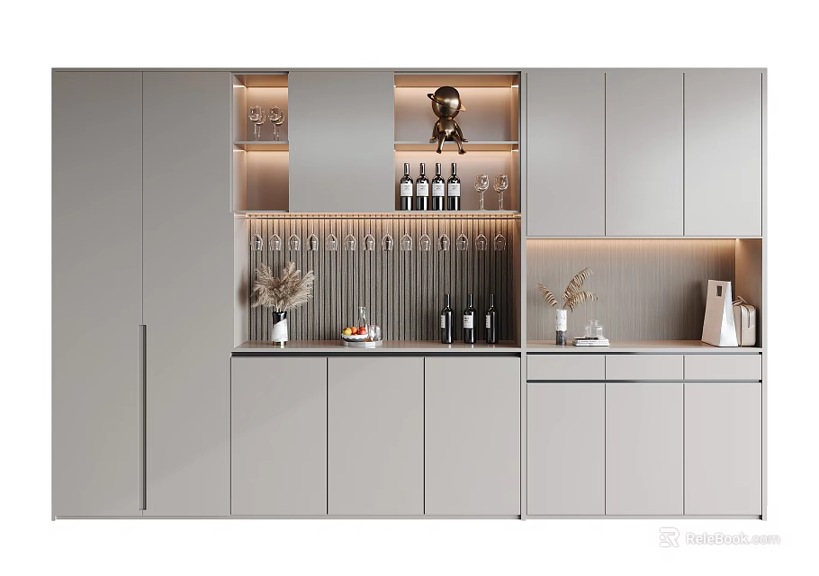 Gray Modern Wine Cabinet With Integrated Lighting Wine Bottles Glasses And Decor 3d model