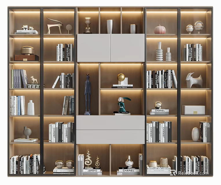 Modern Bookcase Interior Design With Wooden Shelves Books Decorative Figurines And LED Lighting 3d model 