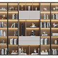 Modern Bookcase Interior Design With Wooden Shelves Books Decorative Figurines And LED Lighting