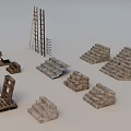 Miscellaneous Wooden Ladders Pallets And Stone Wall Decorative Items Collection 3d model