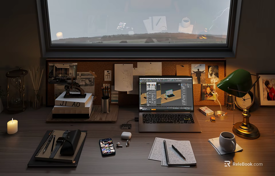 Laptop with 3D Design Interface in Modern Workspace Desk Setup with Notebook Smartphone and Lamp 3d model