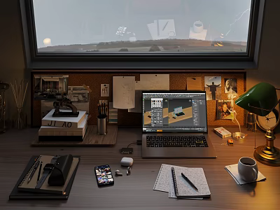 Laptop with 3D Design Interface in Modern Workspace Desk Setup with Notebook Smartphone and Lamp 3d model