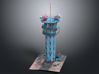 Blue Industrial Tower With Red Top Equipment Base Platform And Ground Tools 3d model