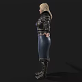 Blonde Woman In Ornate Black And Gold Metallic Armor With Arms Outstretched