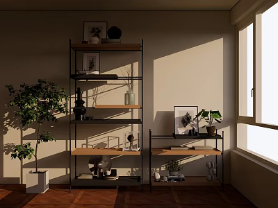 Modern Cozy Living Room Interior With Open Shelves Green Plant Sunlight And Decorative Items 3d model