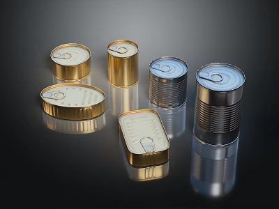 Metal Canned Goods With Gold And Silver Colors Different Shapes And Reflective Design 3d model