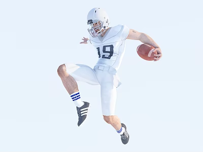 Man In White Football Uniform With White Helmet Number 19 Holding Football Jumping 3d model