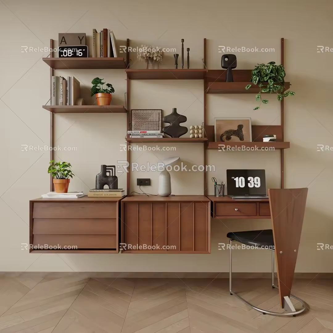 Quiet Desk and Chair Middle-Ancient Bookshelf Storage Rack Desk Book and Chair Ornaments Combination Books Plant Vase Table Lamp 3d model