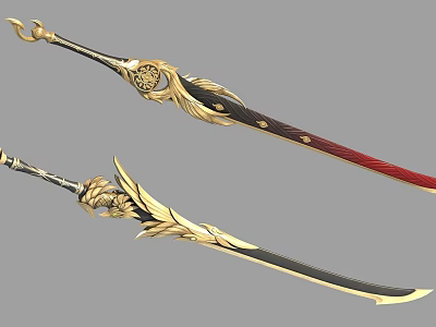 Ornate Decorative Swords With Golden Accents Red Black Handle And Feather Dragon Design 3d model