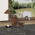 Brown Leather Leisure Chair With Wooden Frame Lakeside View And Ceramic Vases