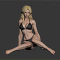 Sexy Blonde Woman in Black Bikini Posing on Floor with Gray Background