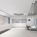 Sleek Minimalist White Office Reception Desk With Two Computers Soft Lighting And Glass Partition