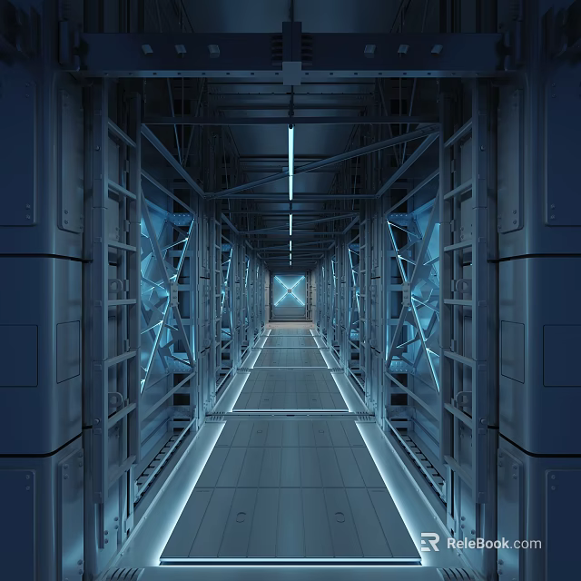 Future Architecture Corridor With Metal Frames Blue Lighting Smooth Tiles And Long Strip Ceiling Lights 3d model 