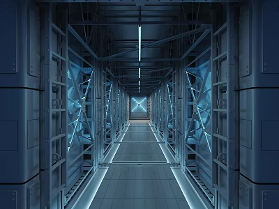 Future Architecture Corridor With Metal Frames Blue Lighting Smooth Tiles And Long Strip Ceiling Lights 3d model