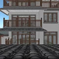 Chinese Style Detached Villa With Traditional Eaves Two Story Courtyard Wooden Railings And Stone Greenery