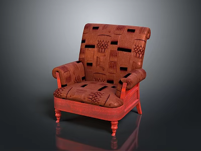Red Upholstered Armchair With Patterned Fabric And Carved Wooden Legs 3d model