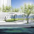 Modern Garden Landscape With White Architectural Structures Green Trees And Waterfront View 3d model