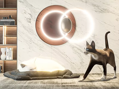 Cozy Indoor Space with Cats Cat Bed Round Wall Decor and Wooden Bookshelf 3d model