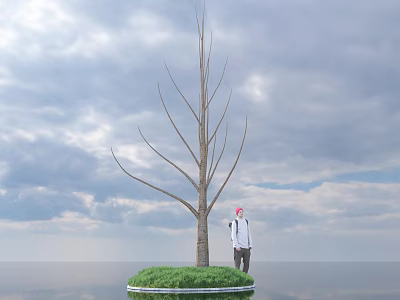 Tall Withered Tree in Green Grass Field with Person Standing Nearby Under Cloudy Sky 3d model