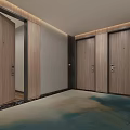 Modern Hotel Corridor With Ambient Lighting Light Colored Walls Wooden Doors And Teal Carpet