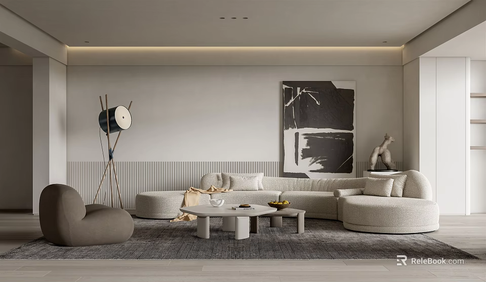 Modern Living Room Interior Design With Beige Sofa Coffee Table Floor Lamp And Wall Art 3d model 