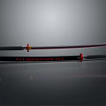 Samurai Swords Display With Unsheathed Blade Red Edge And Sheath Red Gold Decorations On Gray Background