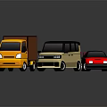 3D Rendered Cars Including Yellow Truck Beige Minivan And Red Sports Car