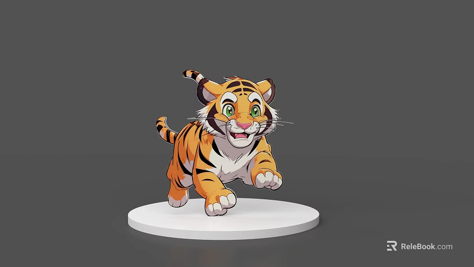 Cute Cartoon Baby Tiger With Orange Black Stripes And Green Eyes Running On White Base 3d model 