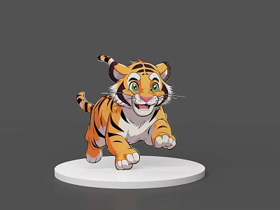 Cute Cartoon Baby Tiger With Orange Black Stripes And Green Eyes Running On White Base 3d model