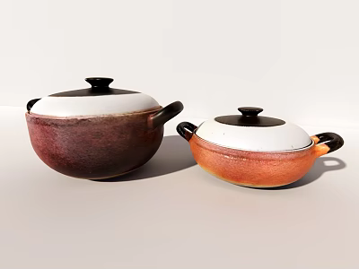 Maroon And Orange Ceramic Cooking Pots With Lids And Black Handles 3d model