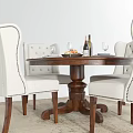 Elegant Wooden Dining Table Set With Beige Upholstered Chairs Fruits Wine Bottles And Tableware