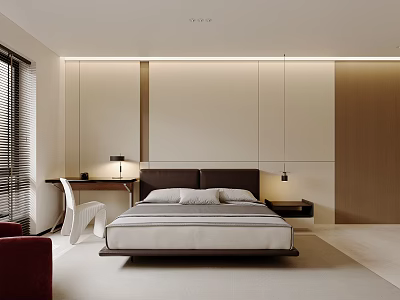 Modern Minimalist Bedroom Interior Design With Bed Bedside Table Desk And Window Blinds 3d model