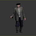 Elderly Man In Gray Coat Striped Shirt Pants Gray Boots And Black Beret Standing