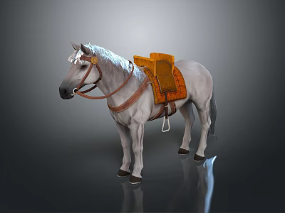 White Horse With Brown Saddle And Bridle Standing On Dark Surface 3d model