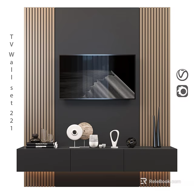 Modern TV Wall Design With Wooden Slats Flat Screen TV And Black Cabinet Decorative Pieces 3d model 