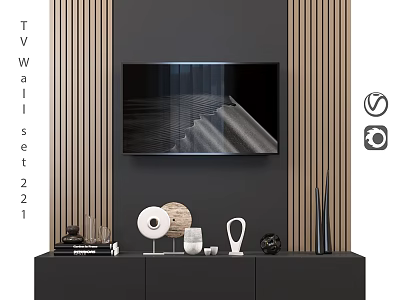 Modern TV Wall Design With Wooden Slats Flat Screen TV And Black Cabinet Decorative Pieces 3d model