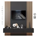 Modern TV Wall Design With Wooden Slats Flat Screen TV And Black Cabinet Decorative Pieces
