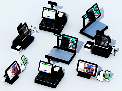 Modern Retail POS Systems With Touch Screens Keyboards And Scanner Attachments 3d model