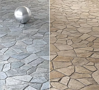 Natural Irregular Stone Floor Tiles in Gray and Light Brown with Unique Pattern Design 3d model
