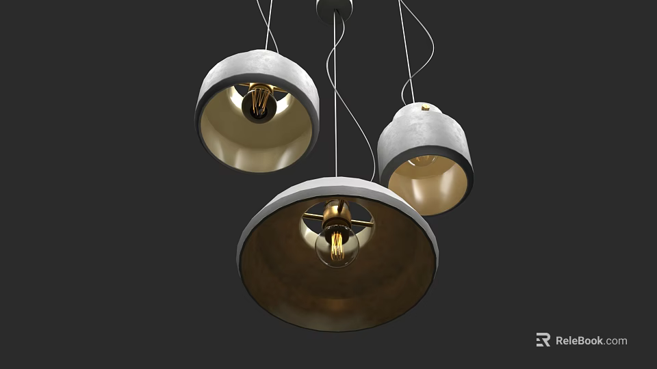 Three Modern Pendant Lights With Round Metal Shades For Interior Lighting Design 3d model 