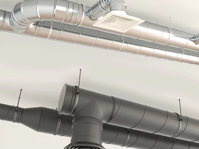 Industrial Metal Pipes And Ductwork System Installed On Building Ceiling With Vents 3d model