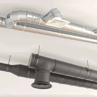 Industrial Metal Pipes And Ductwork System Installed On Building Ceiling With Vents 3d model
