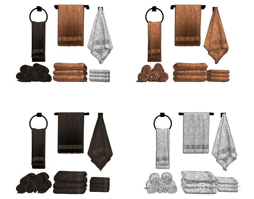 Towel Collection Featuring Various Colors and Styles Brown Black Gray Hanging and Folded Designs 3d model 