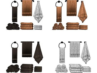 Towel Collection Featuring Various Colors and Styles Brown Black Gray Hanging and Folded Designs 3d model