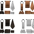Towel Collection Featuring Various Colors and Styles Brown Black Gray Hanging and Folded Designs